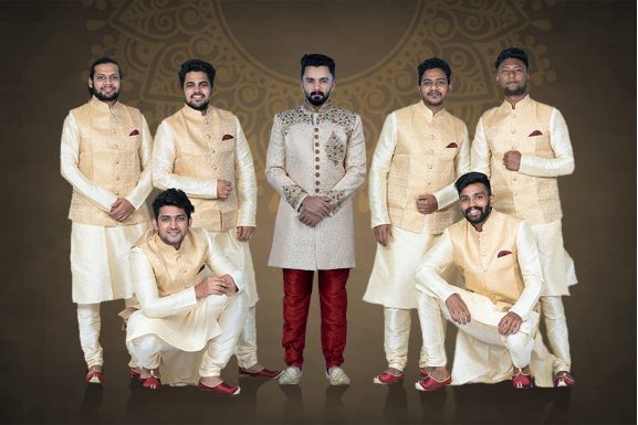 Golden Kurta Pyjama in Blended Fabric