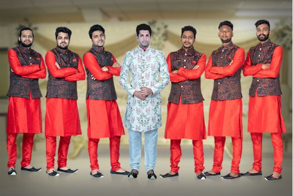 Red Kurta Pyjama in Blended Fabric