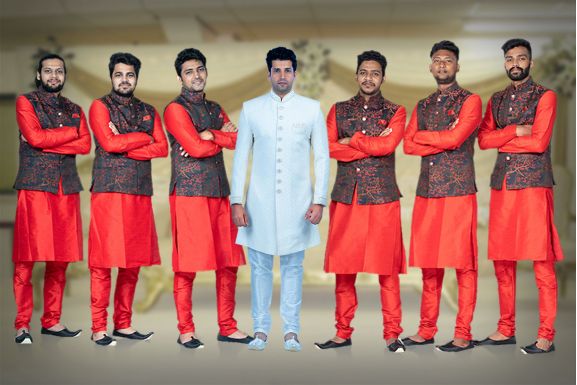 Red Kurta Pyjama in Blended Fabric