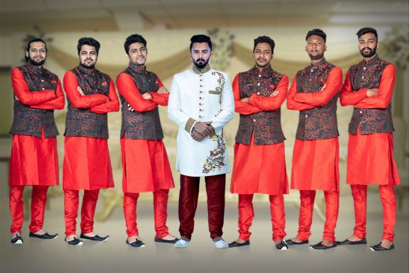 Red Kurta Pyjama in Blended Fabric