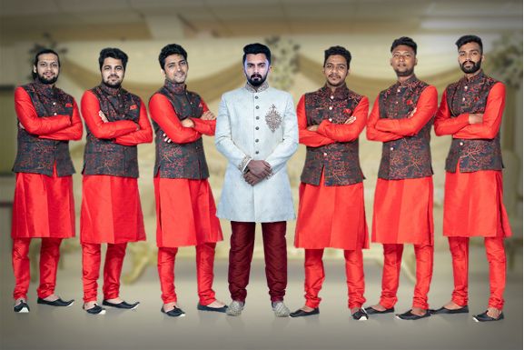 Red Kurta Pyjama in Blended Fabric