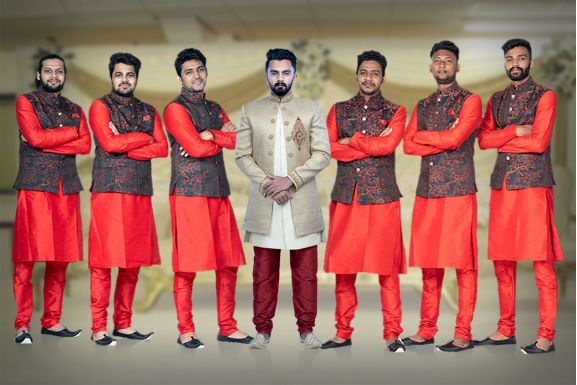 Red Kurta Pyjama in Blended Fabric