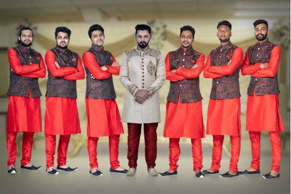 Red Kurta Pyjama in Blended Fabric