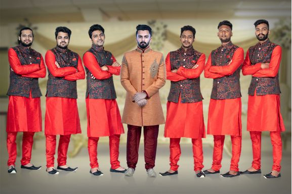 Red Kurta Pyjama in Blended Fabric