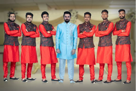 Red Kurta Pyjama in Blended Fabric