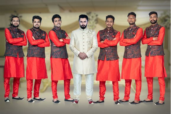 Red Kurta Pyjama in Blended Fabric