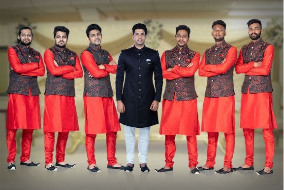 Red Kurta Pyjama in Blended Fabric