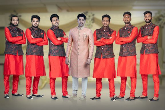 Red Kurta Pyjama in Blended Fabric