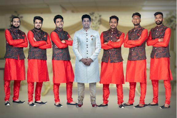 Red Kurta Pyjama in Blended Fabric