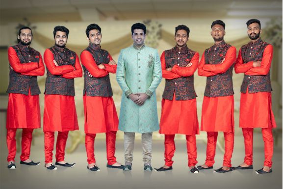 Red Kurta Pyjama in Blended Fabric