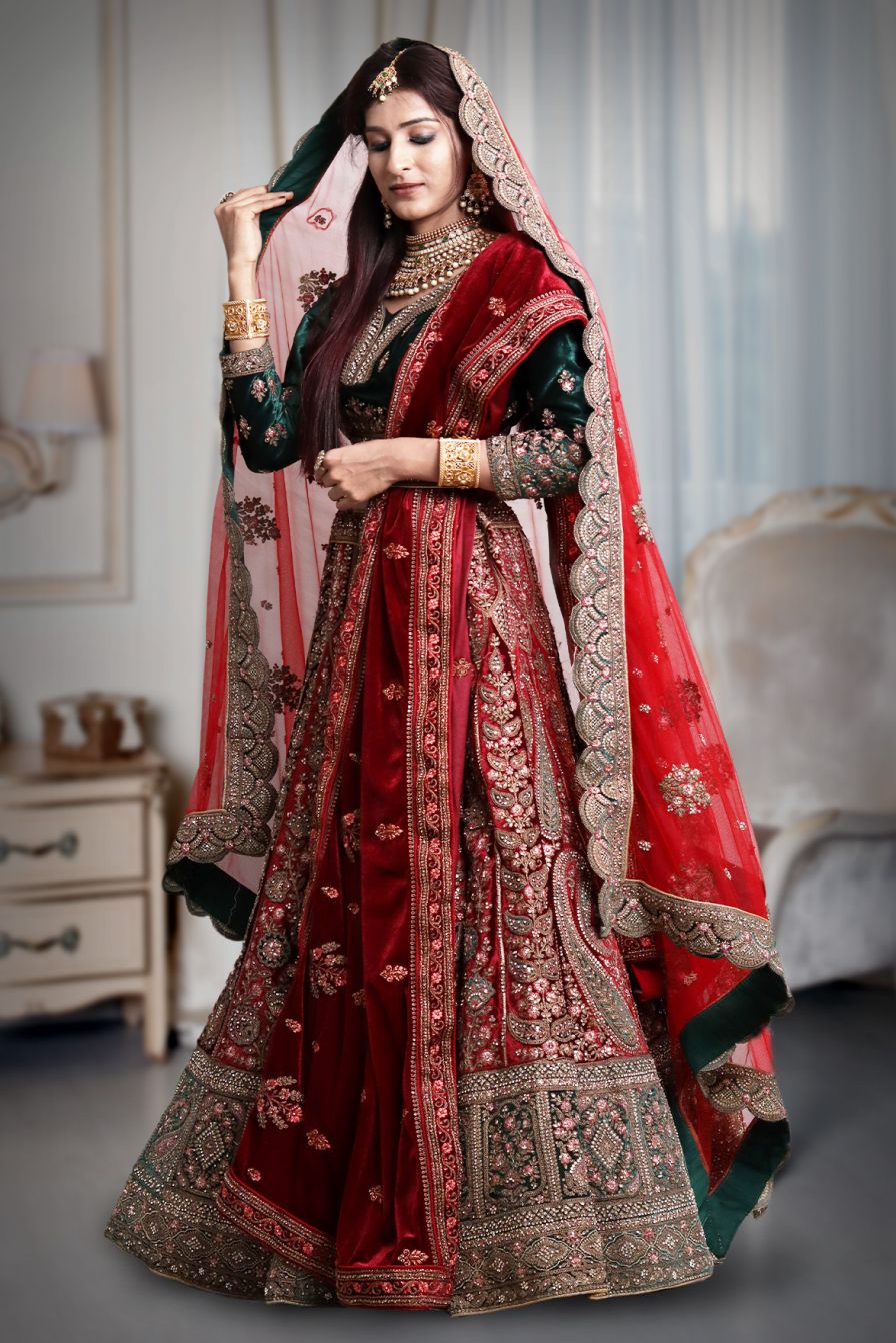 Red And Green Velvet Heavy Work Lehenga