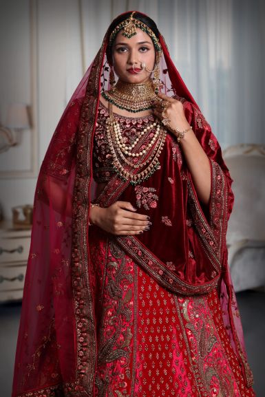 Maroon Silk Appliquéd And Embellished Lehenga With Blouse And Dupatta