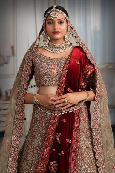 Blissful Chiku Color Lehenga With Kashmiri Embroidery With Red Net Dupatta  at best price in Surat