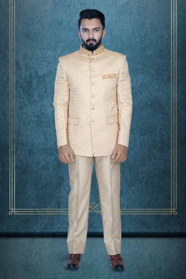 Light Peach Hand Embroidered Bandhgala Jacket Set Design by Design O Stitch  Men at Pernia's Pop Up Shop 2024