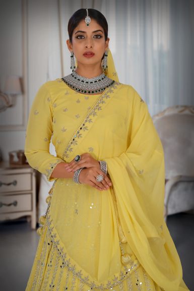 Yellow Mirror Work Lehenga in silk – Diksha Tandon