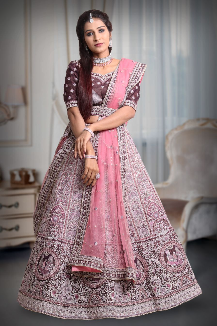 Dark Purple pink combination silver thread mirror work lehenga