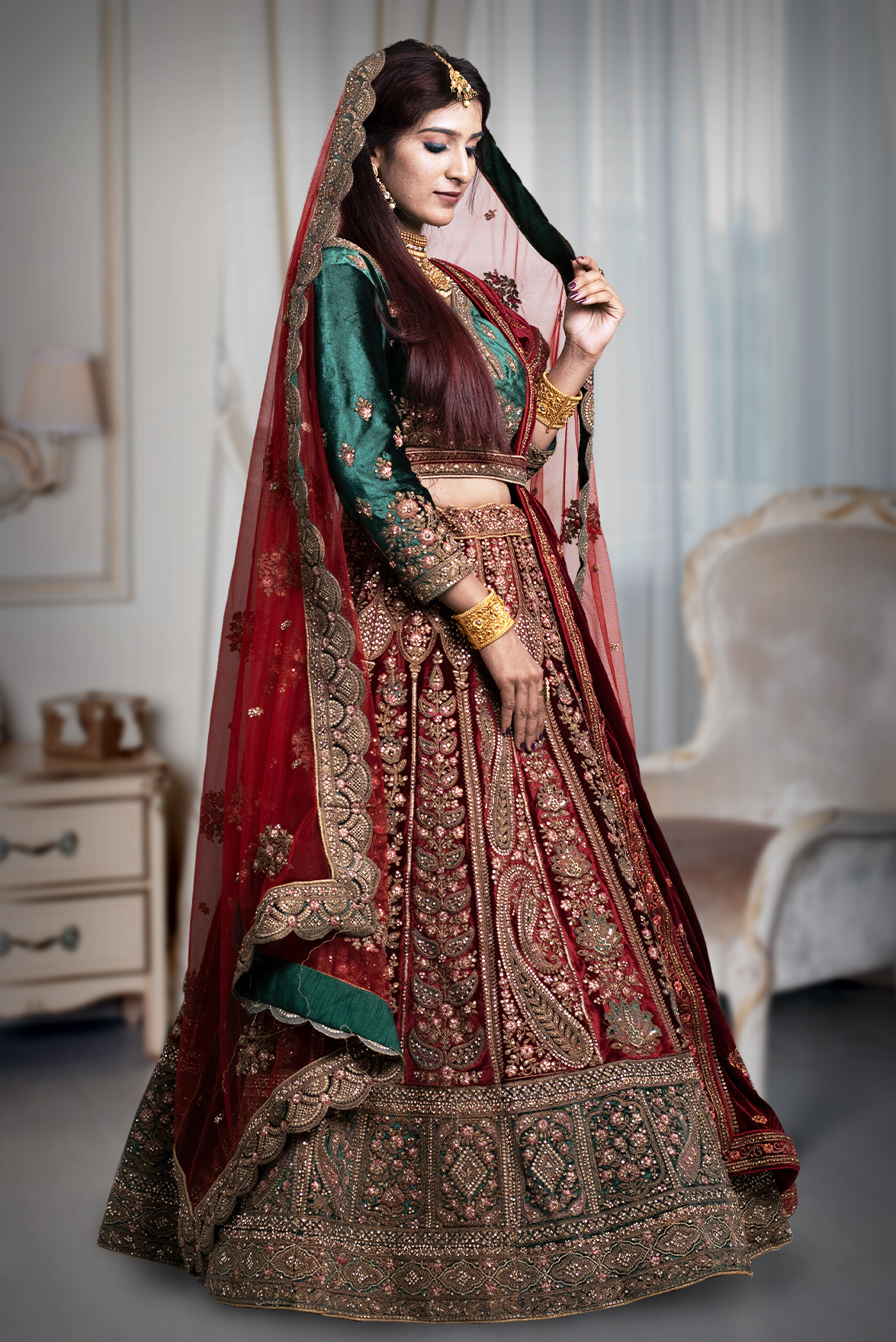 Red And Green Velvet Heavy Work Lehenga