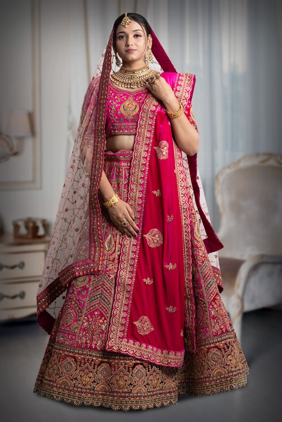 Rani pink lace embroidery work lehenga