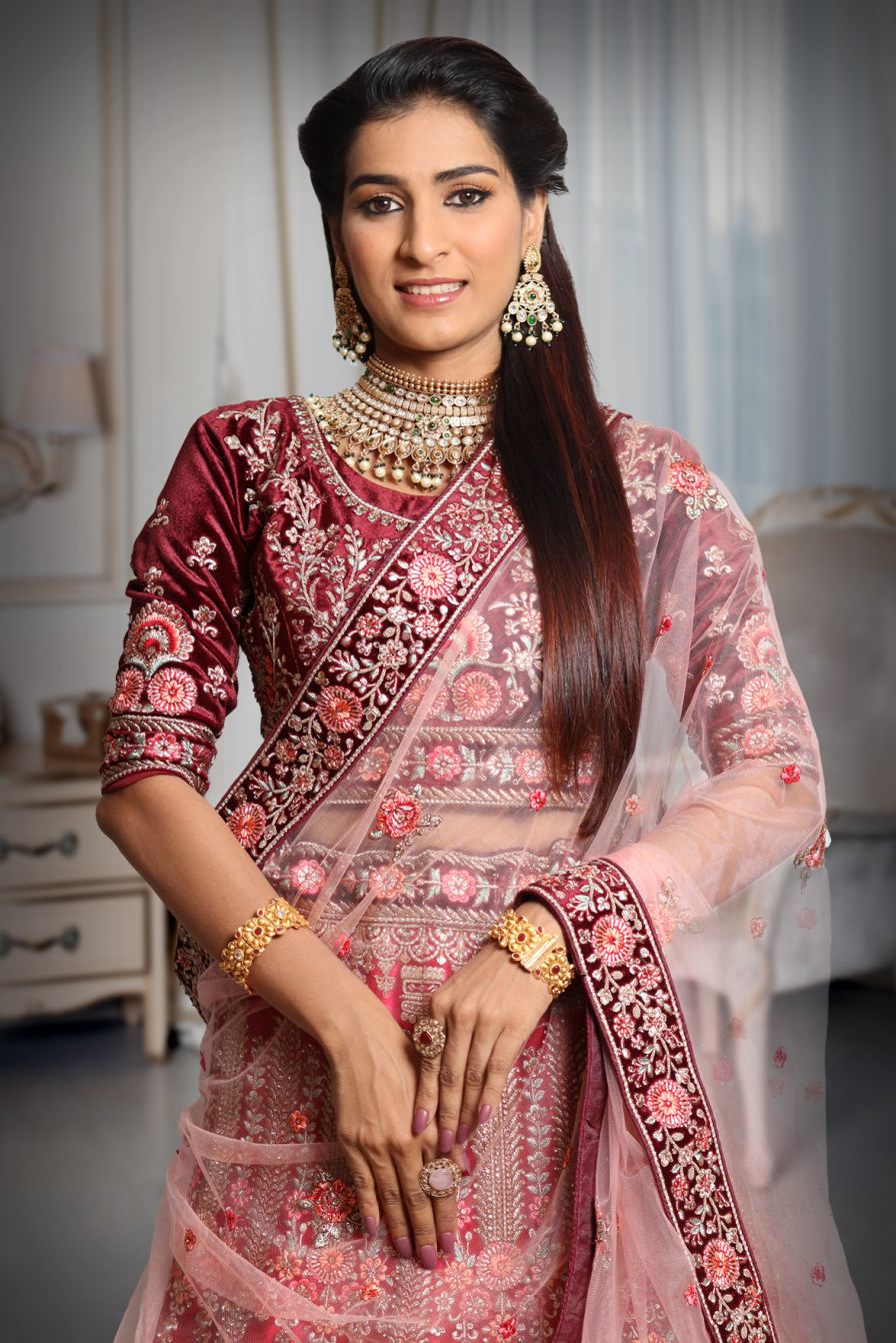 Dark pink Maroon combination heavy embroidery lehenga