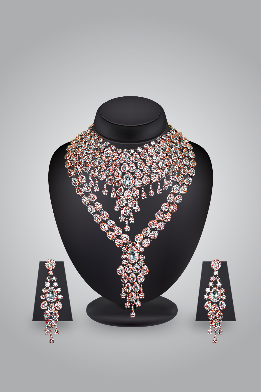Rose Gold Raindrop Stone Worked Heavy Bridal Jewellery Set