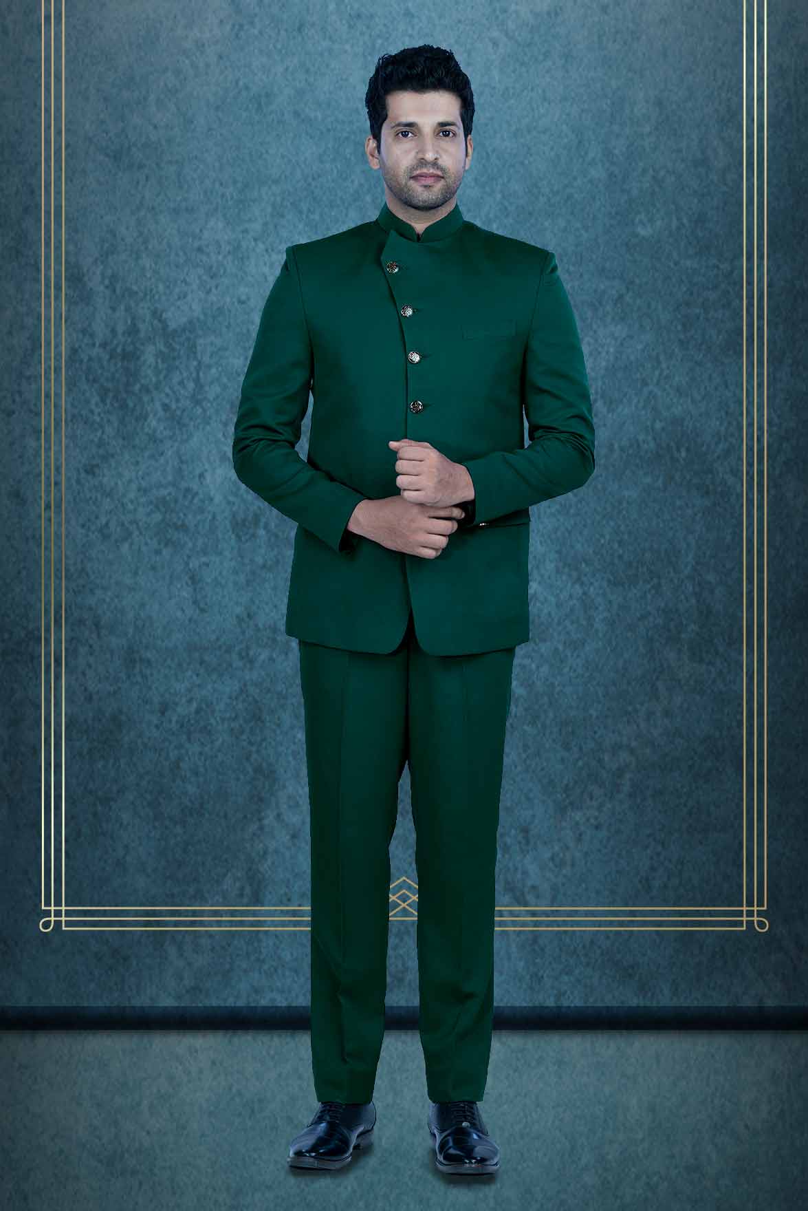 Polyester Viscose Jodhpuri Suit In Green Colour