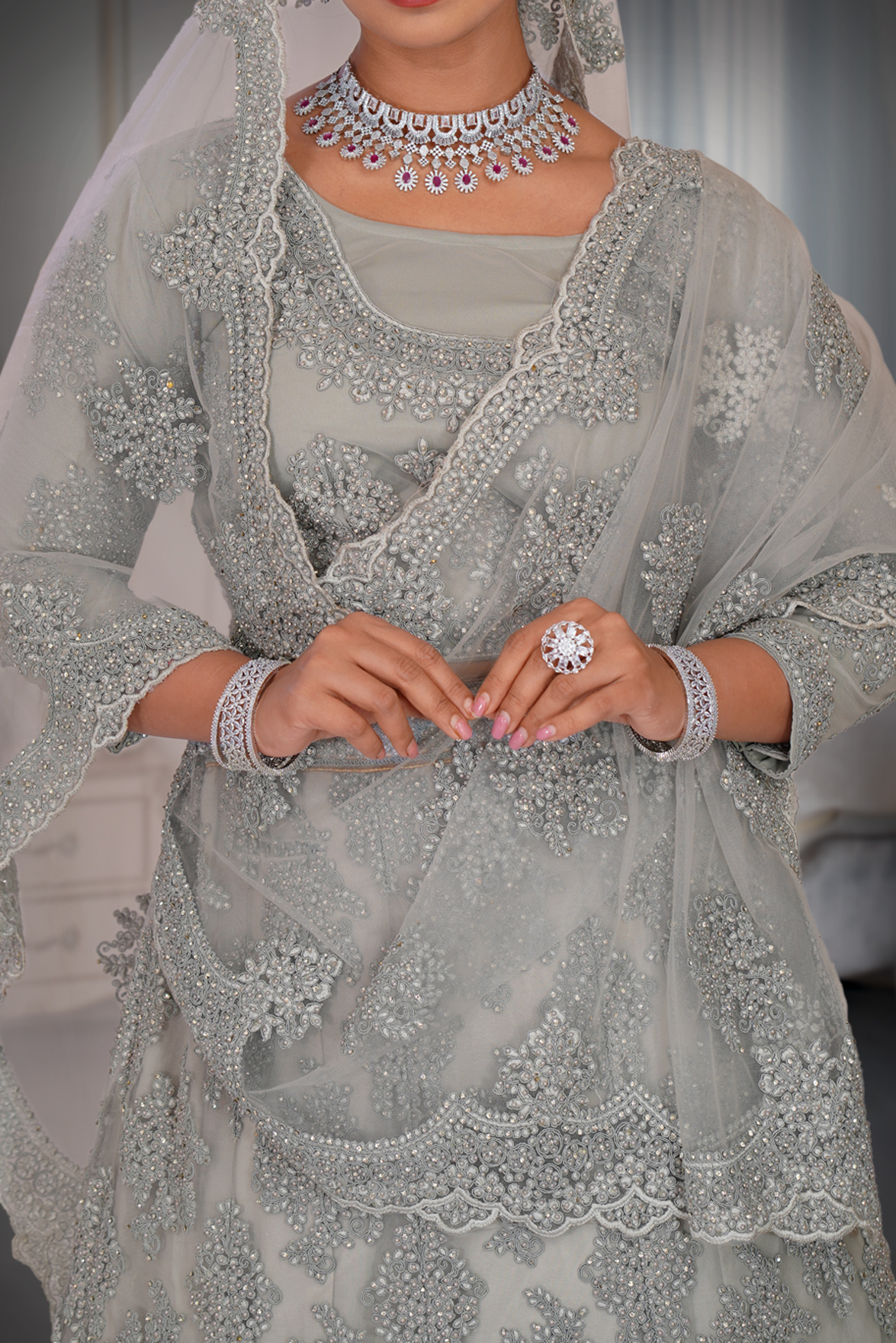The Bride Opted For Oxidised Silver Jewellery And Matched It With Her  Classy Grey Lehenga | Bridal wear, Lehenga, Grey lehenga