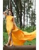 Tangerine Yellow Sleeveless Gown with Twist Pleated Yoke and Flarey Back Tail