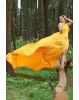 Tangerine Yellow Sleeveless Gown with Twist Pleated Yoke and Flarey Back Tail