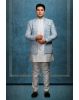 Men's White Kurta with Sky Blue Brocade Nehru Jacket