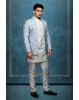 Men's White Kurta with Sky Blue Brocade Nehru Jacket