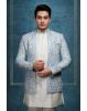 Men's White Kurta with Sky Blue Brocade Nehru Jacket