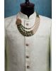 Ivory White And Bottle Green Five Layered Mothi Mala With Heavy Detailed Raindrop Traditional Locket On One side
