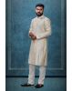 Ivory White Ethnic Kurtha In Golden Threadwork Textured Dupion Silk Fabric And White Bottom
