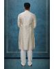 Ivory White Ethnic Kurtha In Golden Threadwork Textured Dupion Silk Fabric And White Bottom