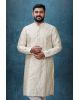 Ivory White Ethnic Kurtha In Golden Threadwork Textured Dupion Silk Fabric And White Bottom