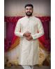 Ivory White Ethnic Kurtha In Golden Threadwork Textured Dupion Silk Fabric And White Bottom