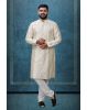 Ivory White Ethnic Kurtha In Golden Threadwork Textured Dupion Silk Fabric And White Bottom