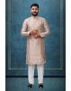Hazelnut Colour Ethnic Kurtha In Golden Threadwork Textured Dupion Silk Fabric And White Bottom