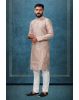 Hazelnut Colour Ethnic Kurtha In Golden Threadwork Textured Dupion Silk Fabric And White Bottom