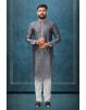 Grey Colour Ethnic Kurtha In Golden Threadwork Textured Dupion Silk Fabric And White Bottom