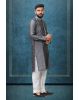 Grey Colour Ethnic Kurtha In Golden Threadwork Textured Dupion Silk Fabric And White Bottom