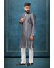 Grey Colour Ethnic Kurtha In Golden Threadwork Textured Dupion Silk Fabric And White Bottom