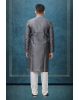 Grey Colour Ethnic Kurtha In Golden Threadwork Textured Dupion Silk Fabric And White Bottom