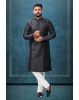 Black Colour Ethnic Kurtha In Golden Threadwork Textured Dupion Silk Fabric And White Bottom