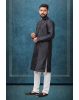 Black Colour Ethnic Kurtha In Golden Threadwork Textured Dupion Silk Fabric And White Bottom