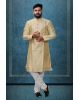 Pastel Yellow Ethnic Kurtha In Golden Threadwork Textured Dupion Silk Fabric And White Bottom