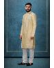Pastel Yellow Ethnic Kurtha In Golden Threadwork Textured Dupion Silk Fabric And White Bottom