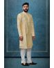 Pastel Yellow Ethnic Kurtha In Golden Threadwork Textured Dupion Silk Fabric And White Bottom