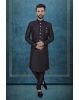 Black Textured Jacquard Sherwani  with Silver Buttons