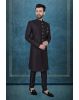 Black Textured Jacquard Sherwani  with Silver Buttons